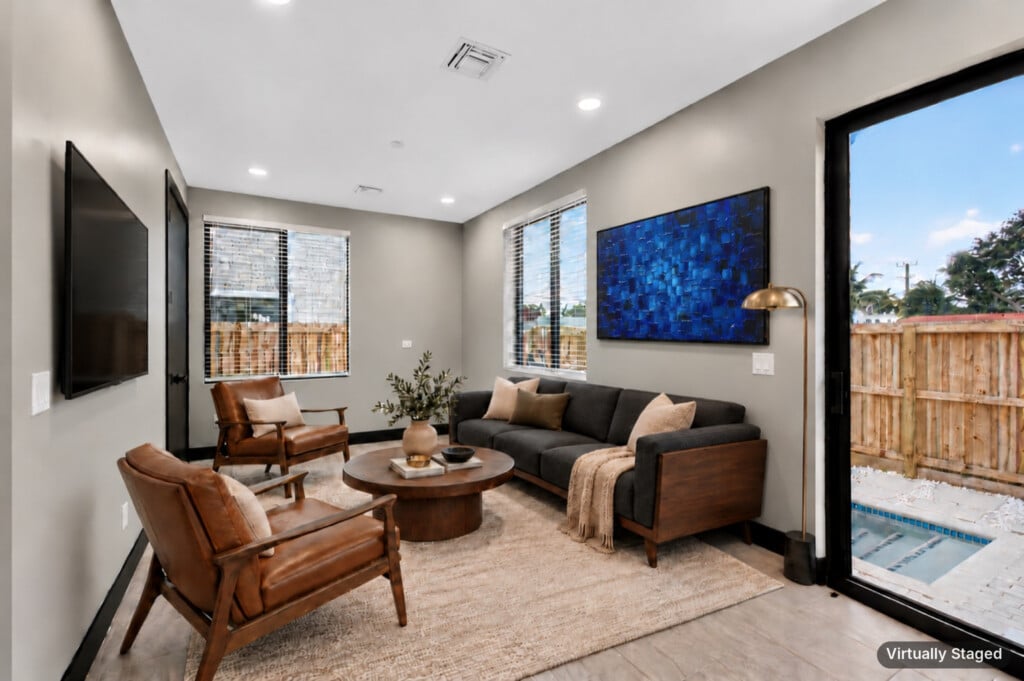 Unit A living room, virtually staged
